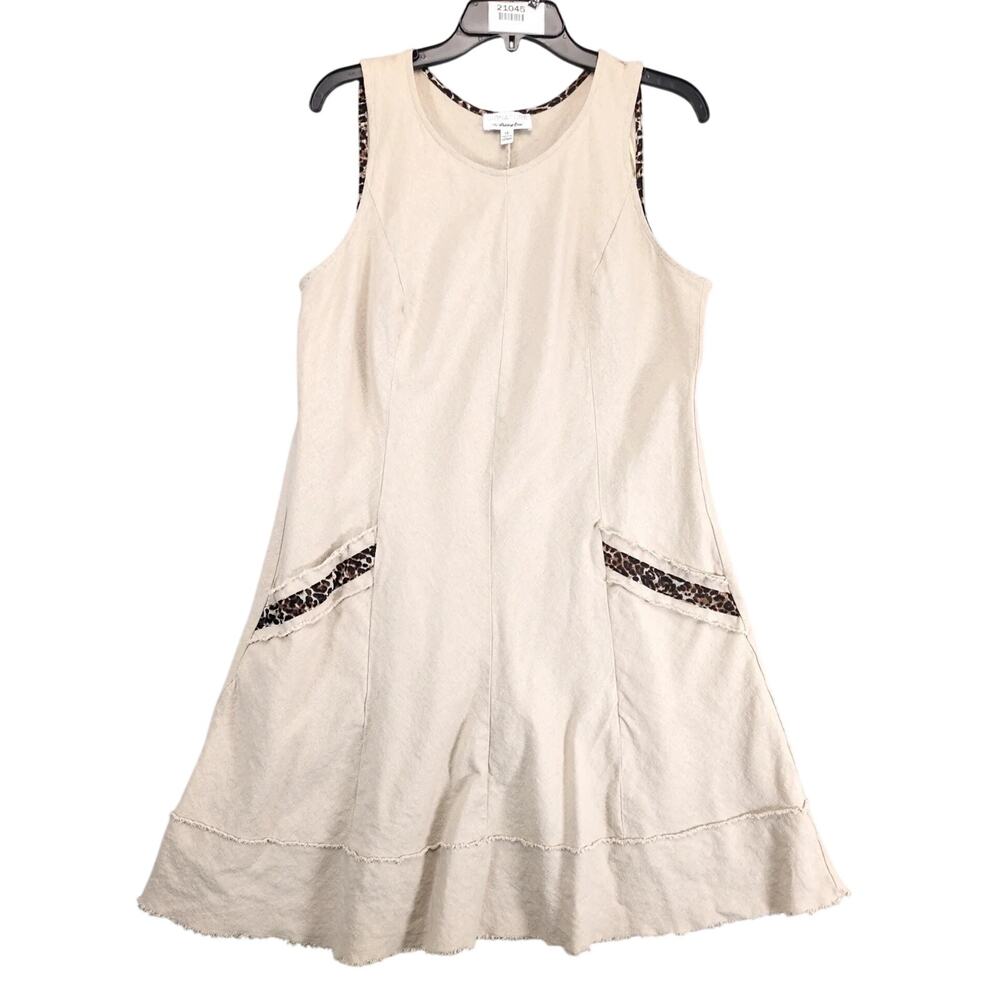 Signature Robbie Bee Linen Blend Shift Tank Dress 14 Animal Print Trim Raw Edges